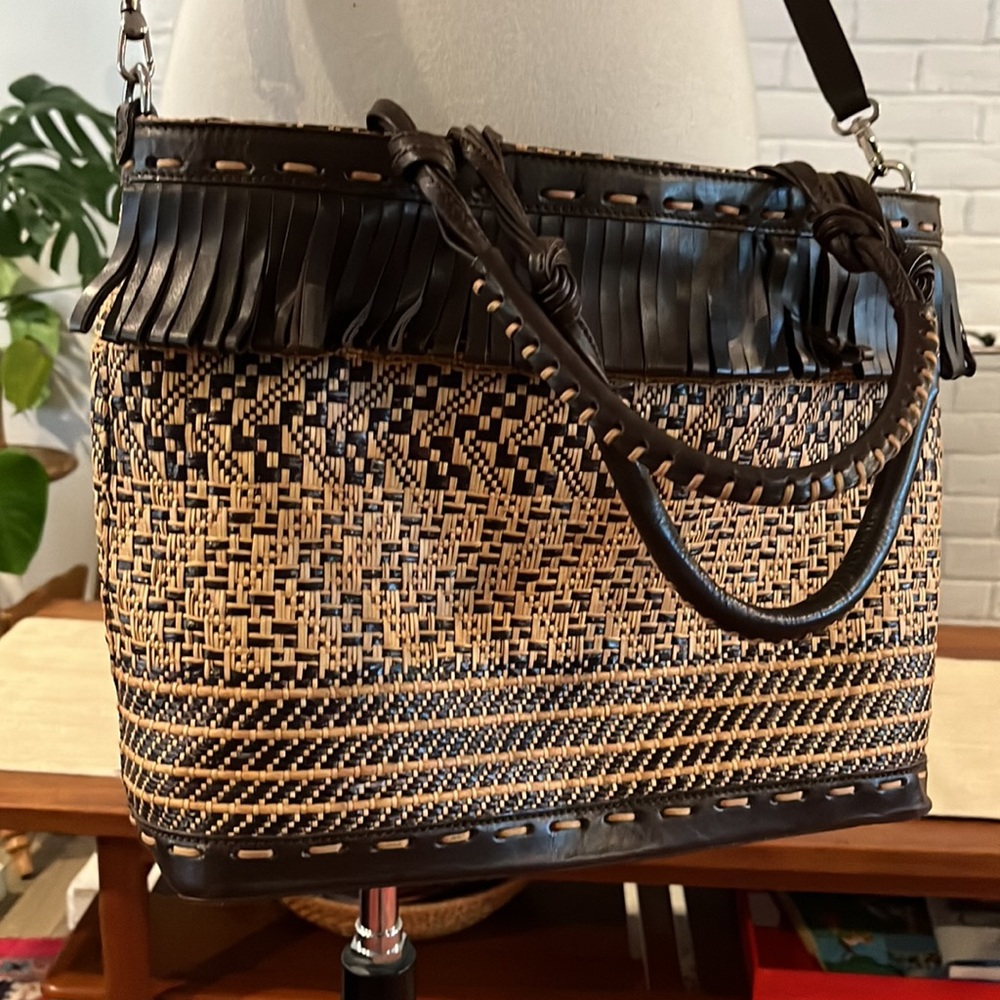 Jane August straw and leather weave handbag